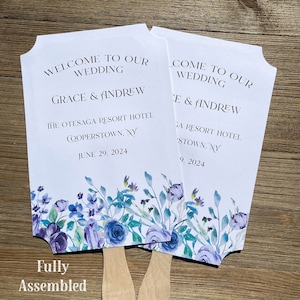 Assembled wedding fans adorned with lavender flowers, personalized wedding favor fans, 2 sided with handle hidden between.