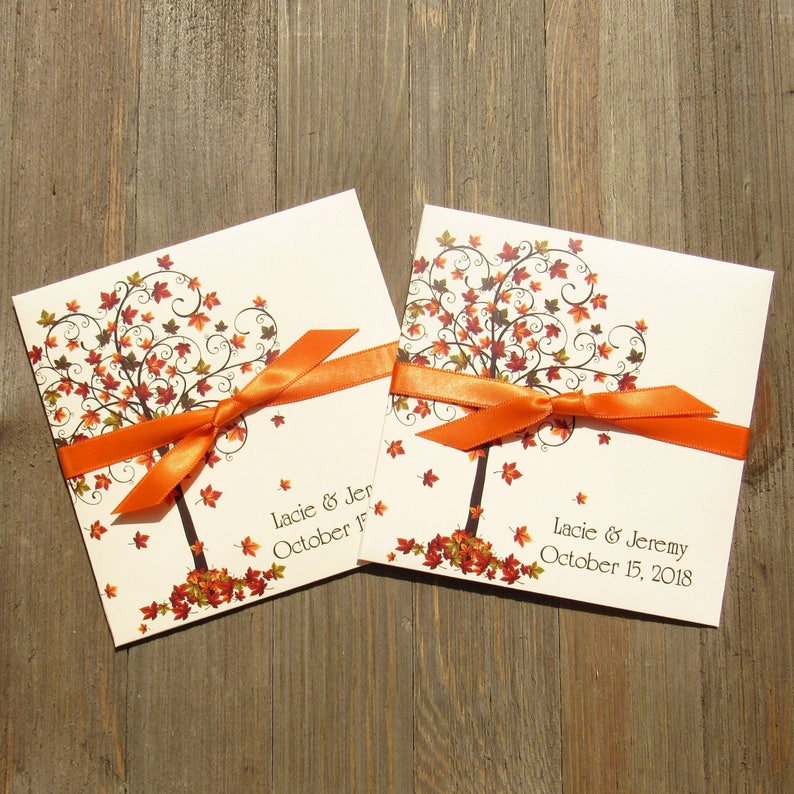 Printed on ivory card stock adorned with a beautiful fall tree and personalzied for the bride and groom.  These will make fun fall wedding favors, slide a lottery ticket in for an easy favor.