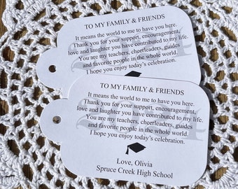 Graduation gift tags printed with a sweet saying and personalized for the graduate. Favor tags that thank your guests for coming.