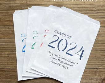 Class of 2024 Graduation favor bags, personalized for the guest of honor.  Your choice of colors, perfect for candy, cookies or utensils.