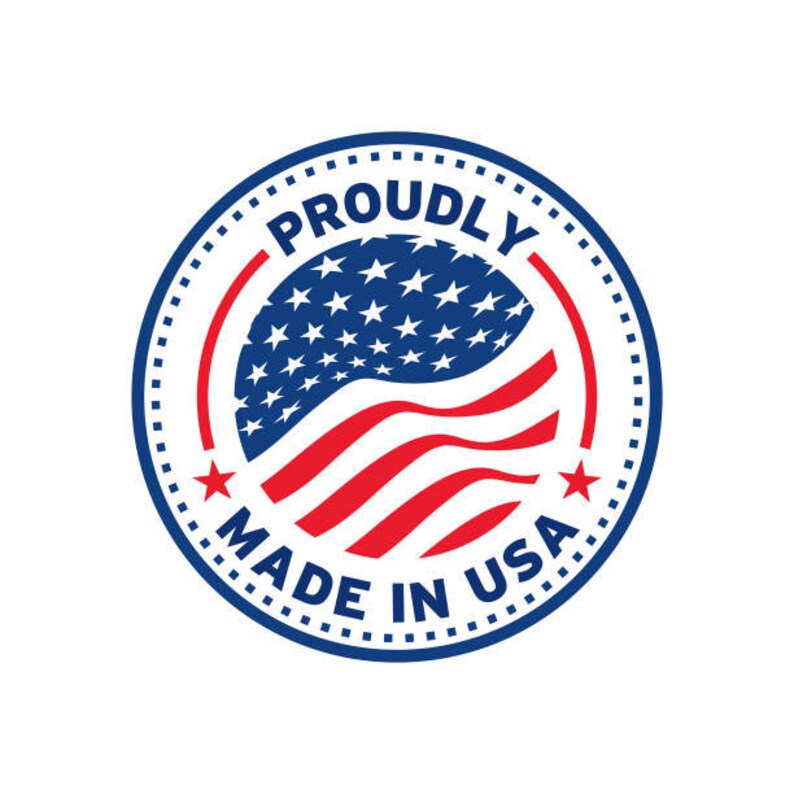 May include: A blue and red circular sticker with a white star in each corner. The sticker says "Proudly Made in USA" in a white circle with a blue outline. Inside the circle is a red, white, and blue American flag.