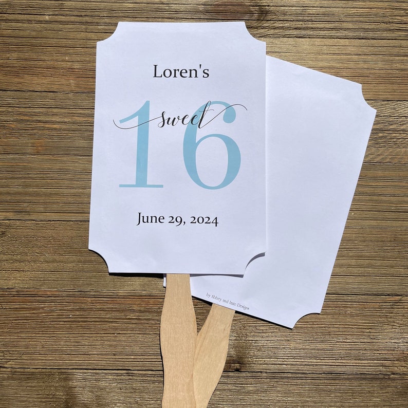 Sweet 16 favor fans that are personalized for the guest of honor.  Fans are printed on white card stock with your choice of the large 16 number color.  They come fully assembled, two sided with handle hidden between.