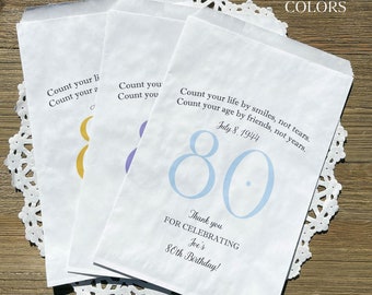 Fun 80th birthday favor bags personalized for the guest of honor, large number printed in color of your choice.