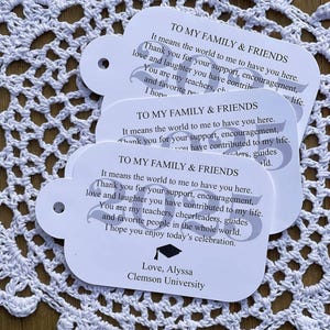 Graduation gift tags printed with a sweet saying and personalized for the graduate. Favor tags that thank your guests for coming.