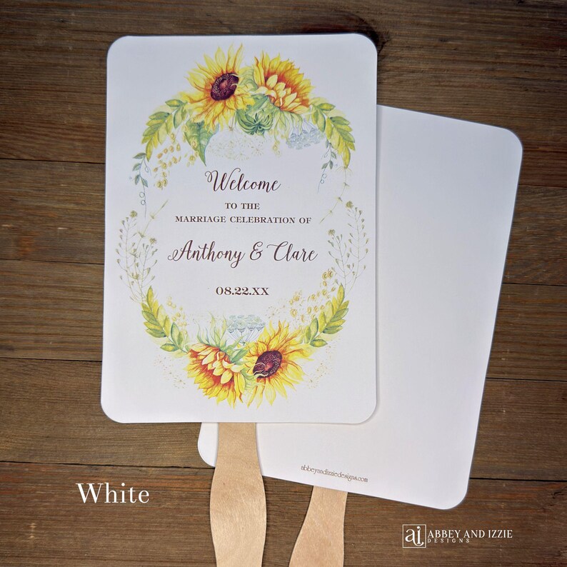 Sunflower wedding fans , personalized for the bride and groom and adorned with a ring of sunflowers.  Fans are printed on ivory or white cardstock, two sided so handle is hidden between.  Wedding fans ship fully assembled and ready for your big day.