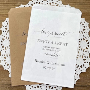 Love is Sweet enjoy a treat wedding favor bags, larger bags, perfect for a candy buffet or cookies.  Personalized for the bride and groom.