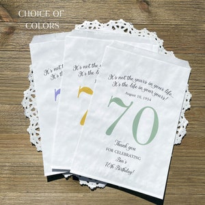 Unique 70th birthday bags to fill with sweet treats, great 70th party favors your guests will love.  Personalized birthday favor bags.