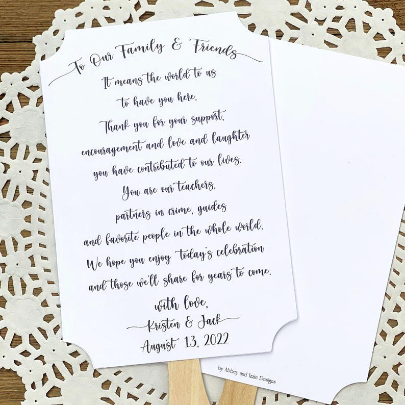 Wedding fans with a personal thank you to your family and friends. Each is personalized for your special day.  Your choice of white, ivory or gray fans, shipped to you assembled.
