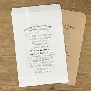 Anniversary favor bags for a 50th wedding anniversary or a silver wedding anniversary.  Personalized for the honorees, with a sweet message.