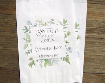 Sweet of you to join us greenery wedding favor bags.  Green favor bags are personalized for the bride and groom.- GEEN