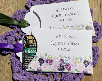 Fun Quinceanera party favors, slide a scratch off ticket in these cute envelopes to see which guest wins big.