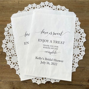 Love is sweet bridal shower favor bags personalized for the bride to be.  Bridal shower bags can be used for candy, cookies or candy buffet.