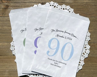 Celebrate a 90th birthday with our personalized adult party favor bags, choice of colors.  Large favor bags, great for many treats.