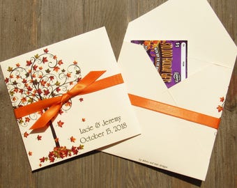 Beautiful fall wedding favors, personalized for the bride and groom.  Slide a lottery ticket in for a fun and easy wedding favor.