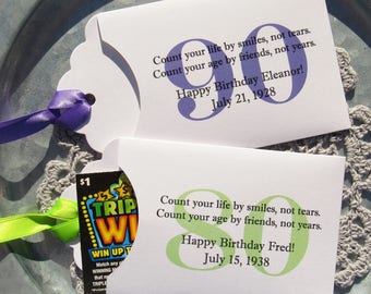 A fun adult birthday favor, slide a scratch off in and see who wins.  Personalized lotto ticket favor envelopes.