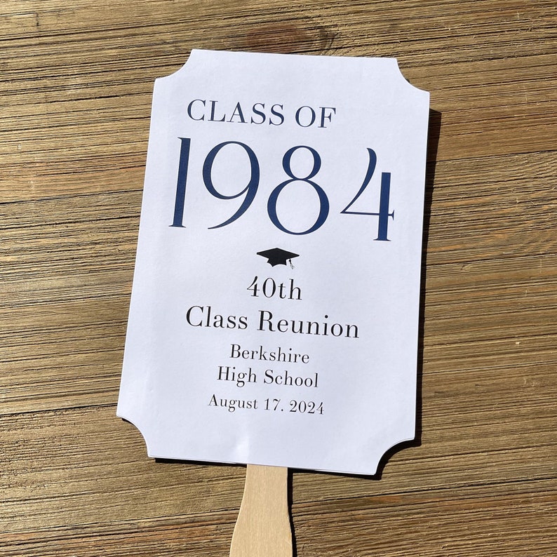 Personalized class reunion favor fans that can be made for any reunion number.  Printed on white card stock with your choice of year color to match your class colors.  Our hand fans will keep everyone cool for the reunion and a keepsake to take home.