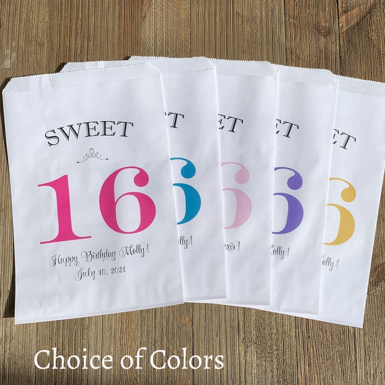 Sweet 16 favor bags that are personalized for the guest of honor.  White bags with sweet 16 printed in large print and your choice of 16 color.  Bags are larger so they will be perfect for candy bags, cookie bags, candy buffet bags.