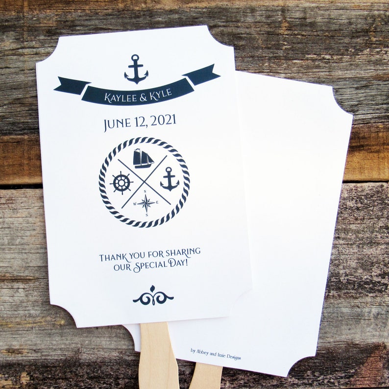 Nautical wedding fans, printed on white card stock with navy text and details.  Fans are personalized for the bride and groom with names and date.  Fans are shipped fully assembled, two sided with hand hidden between.