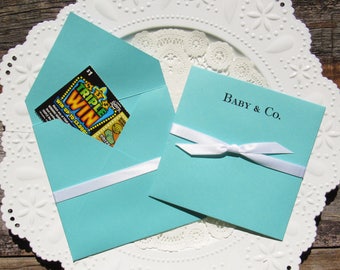 Aqua Blue Baby Shower Favors: Lottery Ticket Envelopes with Ribbon