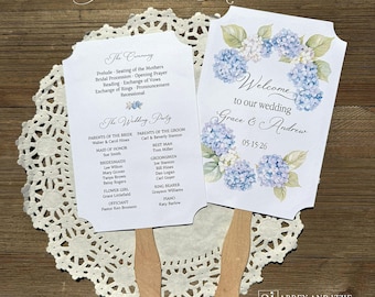 Assembled Blue Hydrangea Wedding Program Fans
