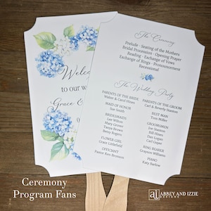 Blue Hydrangea Wedding Program Fans Assembled, Blue Wedding Favor Fans