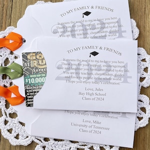 Best graduation party favors with a personalized thank you message for your guests.  Easy favors, slide a lottery ticket in the open end and see who wins big.  Printed on white card stock, your choice of ribbon color.