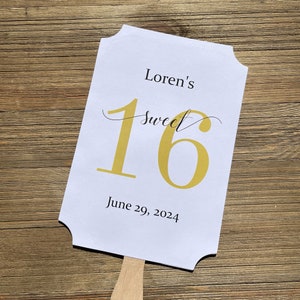 Sweet 16 favor fans that are personalized for the guest of honor.  Fans are printed on white card stock with your choice of the large 16 number color.  They come fully assembled, two sided with handle hidden between.