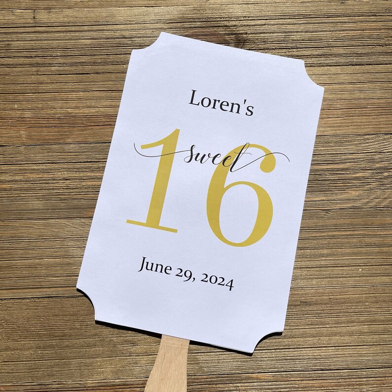Sweet 16 favor fans that are personalized for the guest of honor.  Fans are printed on white card stock with your choice of the large 16 number color.  They come fully assembled, two sided with handle hidden between.