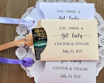 Eat, Drink, Get Lucky lottery ticket wedding favors.  Personalized lotto ticket wedding guest favors, fun and easy favors for guests.