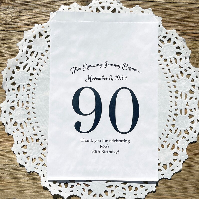 Personalized 90th birthday favor bags, printed on white bags, your choice of number color.  Bags are personalized with large birthday number, name of guest of honor along with birth date.  Adult favor bags perfect for many treats to thank your guests