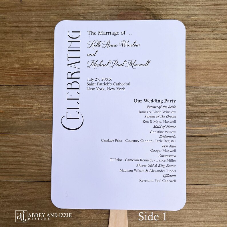 Our modern wedding program fans are sure to be a hit with your guests. They will provide a cool breeze and also a keepsake to take home.  Printed on white card stock with celebrating on one side and ceremony on the other.  Shipped to you assembled.