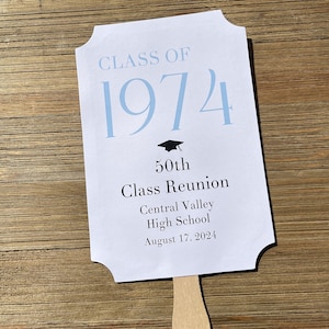 Personalized class reunion favor fans that can be made for any reunion number.  Printed on white card stock with your choice of year color to match your class colors.  Our hand fans will keep everyone cool for the reunion and a keepsake to take home.