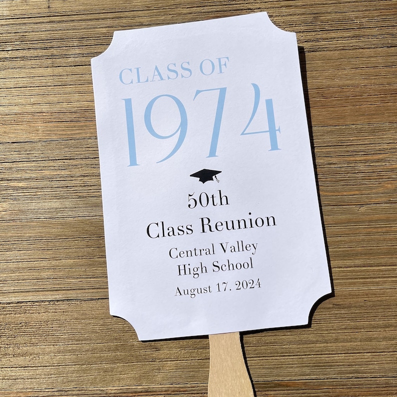 Personalized class reunion favor fans that can be made for any reunion number.  Printed on white card stock with your choice of year color to match your class colors.  Our hand fans will keep everyone cool for the reunion and a keepsake to take home.