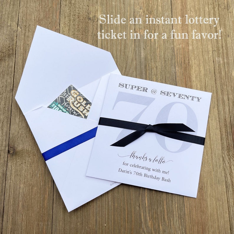 Give your guests a chance to win big with a scratch off lottery ticket! These 70th birthday party favors are available in array of color combinations to perfectly compliment your party theme.