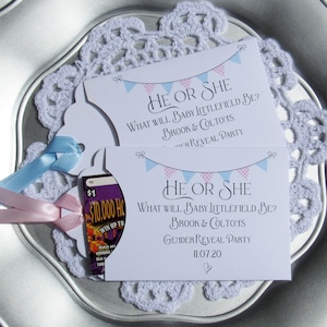 Personalized gender reveal party decor, slide a lotto ticket in these to see is the lucky winner.