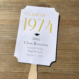 Personalized class reunion favor fans that can be made for any reunion number.  Printed on white card stock with your choice of year color to match your class colors.  Our hand fans will keep everyone cool for the reunion and a keepsake to take home.