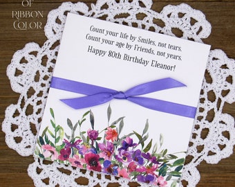 Purple wildflowers adorn this 80th birthday favor, these can be personalized for the guest of honor and for any birthday.