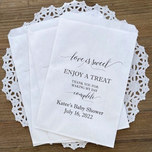 Love is sweet, enjoy a treat baby shower favor bags.  Larger bags, perfect size for a candy buffet, cookie bags or many treatd.
