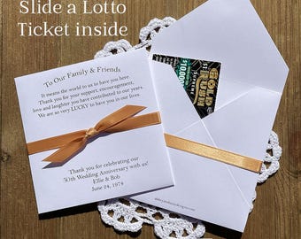 Personalized 50th wedding anniversary party favors, tuck a lotto ticket in these envelopes for a fun party favor.