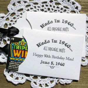Adult birthday party favors, lottery ticket envelopes for milestone birthdays.  Add the 'made in' year to this unique milestone birthday favor, personalized for the honoree, just add the lottery ticket to see who wins.