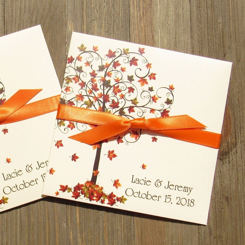 Printed on ivory card stock adorned with a beautiful fall tree and personalzied for the bride and groom.  These will make fun fall wedding favors, slide a lottery ticket in for an easy favor.