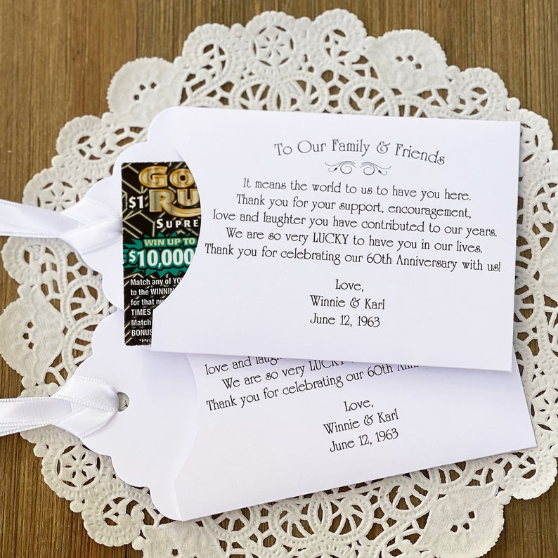 Lottery ticket envelopes personalized for  60th wedding anniversary favors.  Slide a scratch off lotter ticket inside to see who at the party wins.