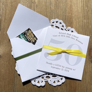 Class reunion favors that are personalized for the big reunion.  Fun and easy party favors, slide a lottery ticket in these envelopes, great ice breaker for the party.  Printed on white card stock, your choice of ribbon color.