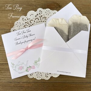Tea party baby shower favors, slide your favorite tea bag in these personalized envelopes for a fun tea party theme.  Perfect for a baby shower favor for twins.  Personalized for the guest of honor, such a special touch for a baby shower.