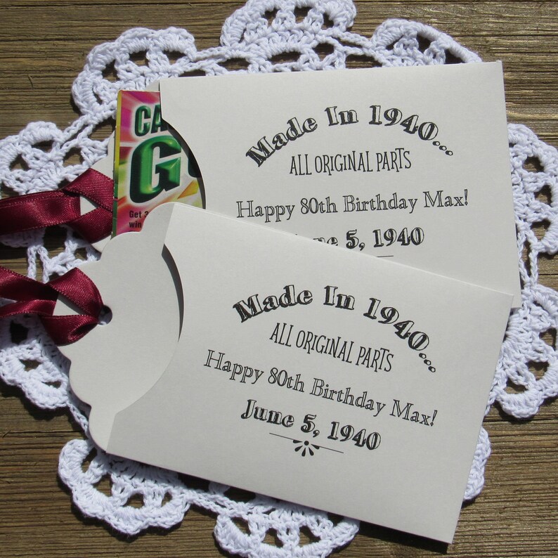 Adult birthday party favors, lottery ticket envelopes for milestone birthdays.  Add the 'made in' year to this unique milestone birthday favor, personalized for the honoree, just add the lottery ticket to see who wins.