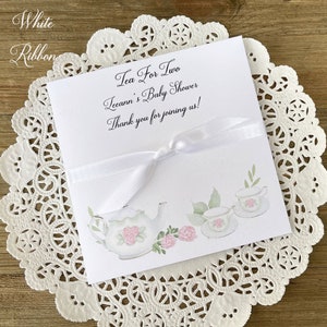 Tea party baby shower favors, slide your favorite tea bag in these personalized envelopes for a fun tea party theme.  Perfect for a baby shower favor for twins.  Personalized for the guest of honor, such a special touch for a baby shower.