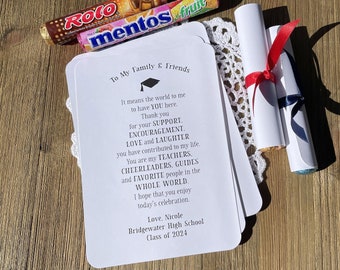 Personalized graduation diploma favors, roll  these cute thank you notes around rolled candy, tie with ribbon,  perfect diploma favors.