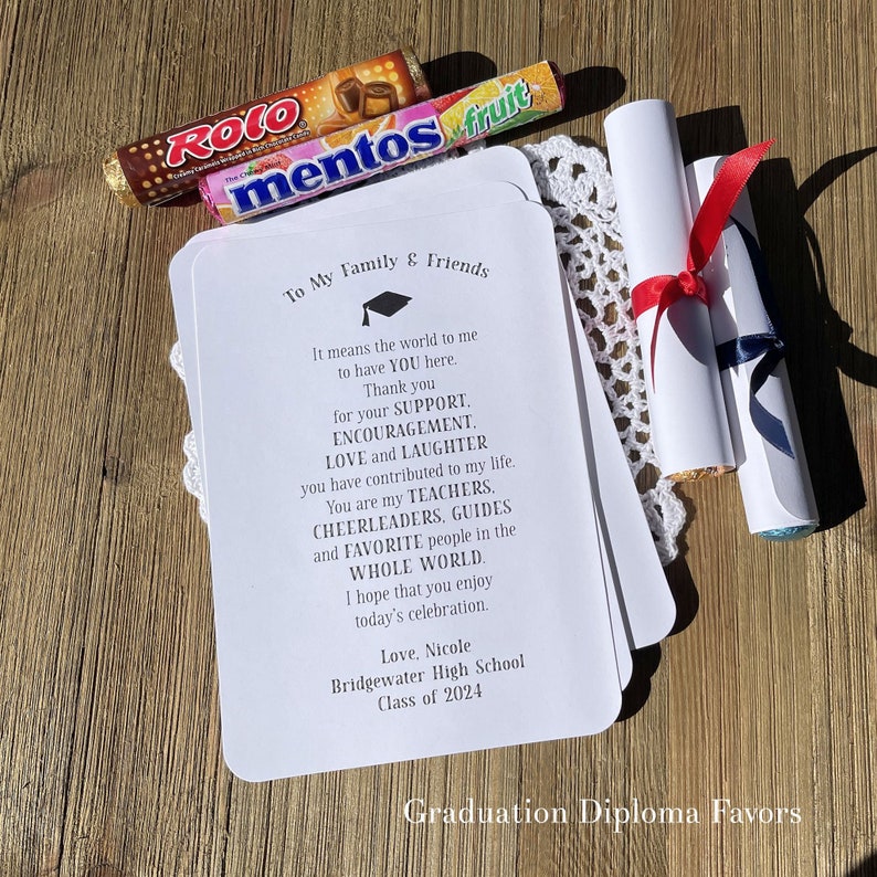 Graduation party thank you printed on white card stock.  Each personalized card can be rolled up and tied with ribbon to look like a graduation diploma favor.  Or just a nice thank you to place on each place setting.