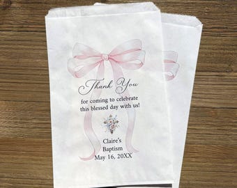 Baby Girl Pink Bow Baptism Favor Bags Personalized for the Guest of Honor