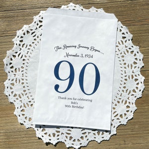 Personalized 90th birthday favor bags, printed on white bags, your choice of number color.  Bags are personalized with large birthday number, name of guest of honor along with birth date.  Adult favor bags perfect for many treats to thank your guests